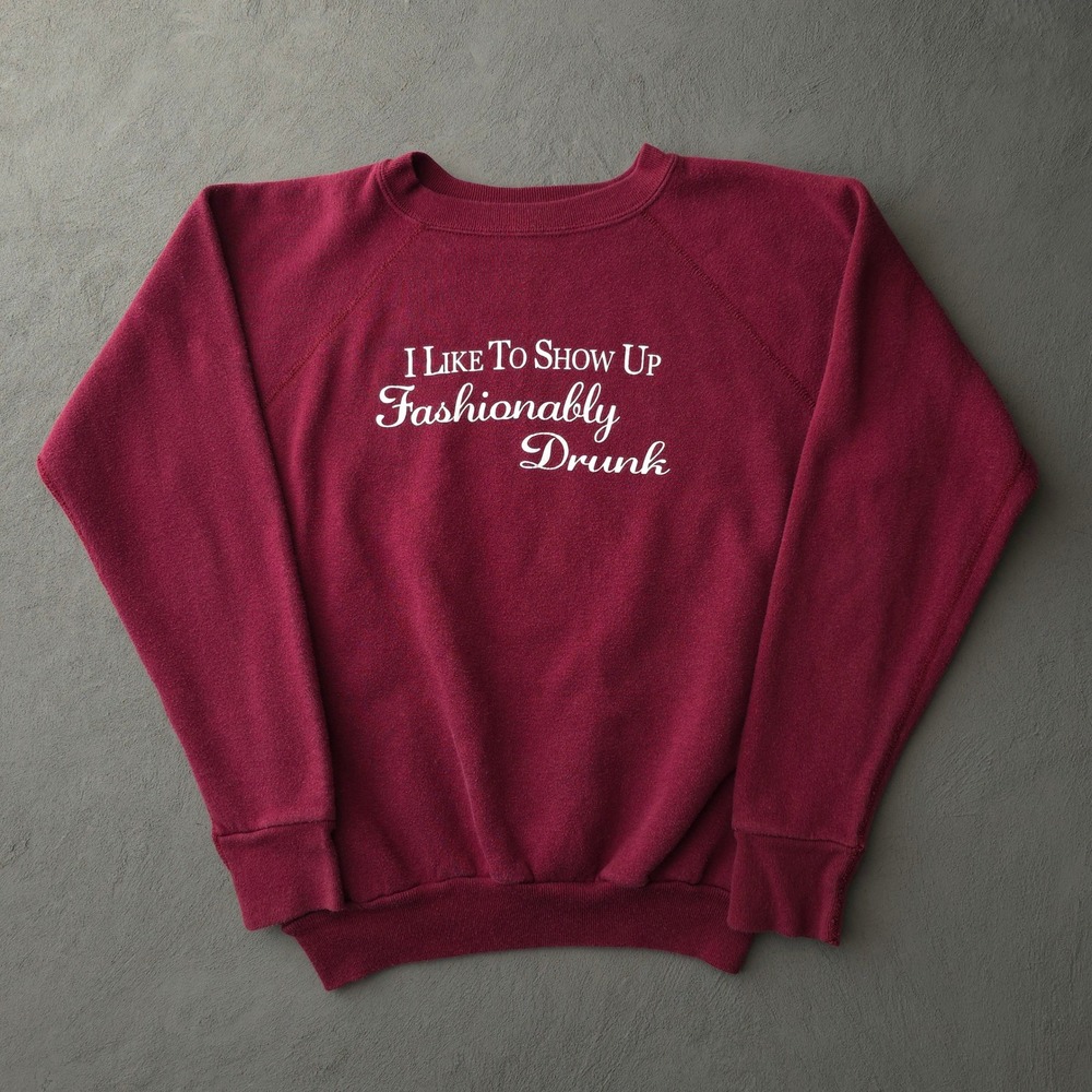 Vintage 80s Fashionably Drunk Graphic Sweatshirt Large Maroon Tultex